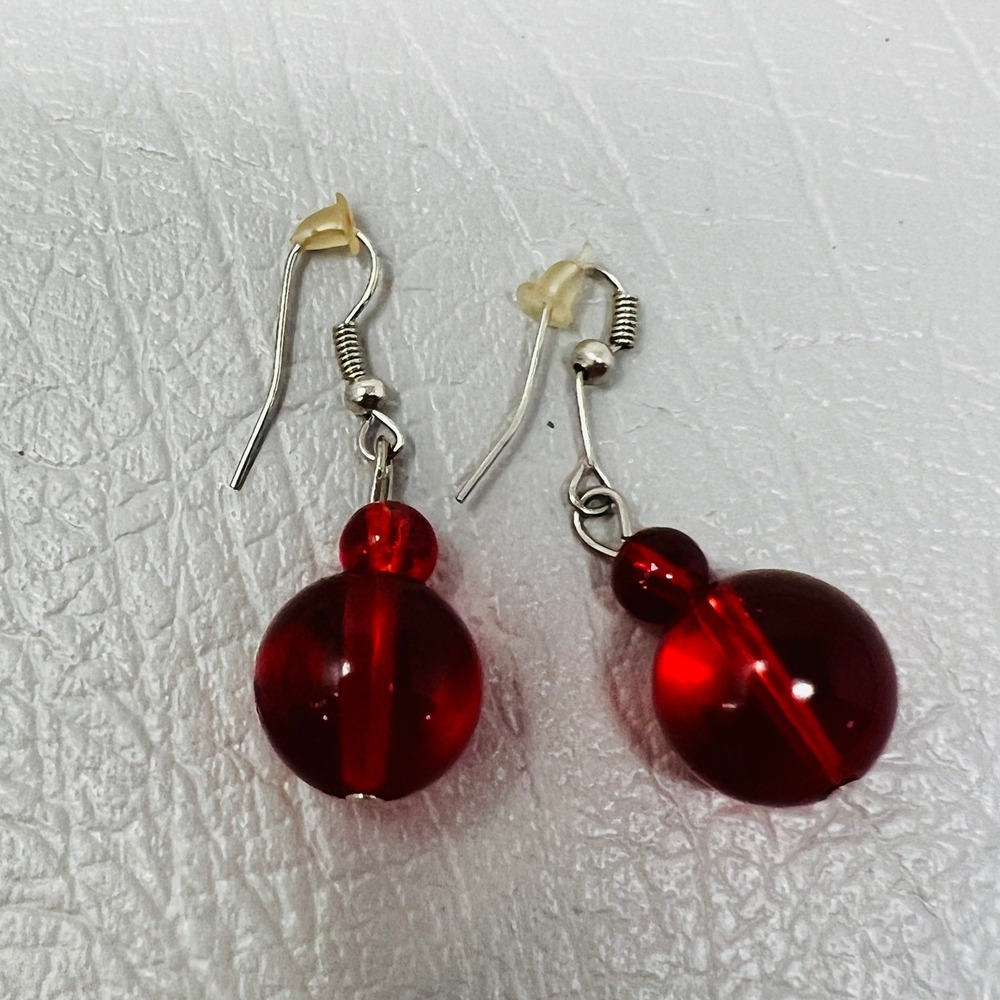 Red Translucent Earrings Double Glass Bead‎ Dangle Drop Silver Tone Hooks